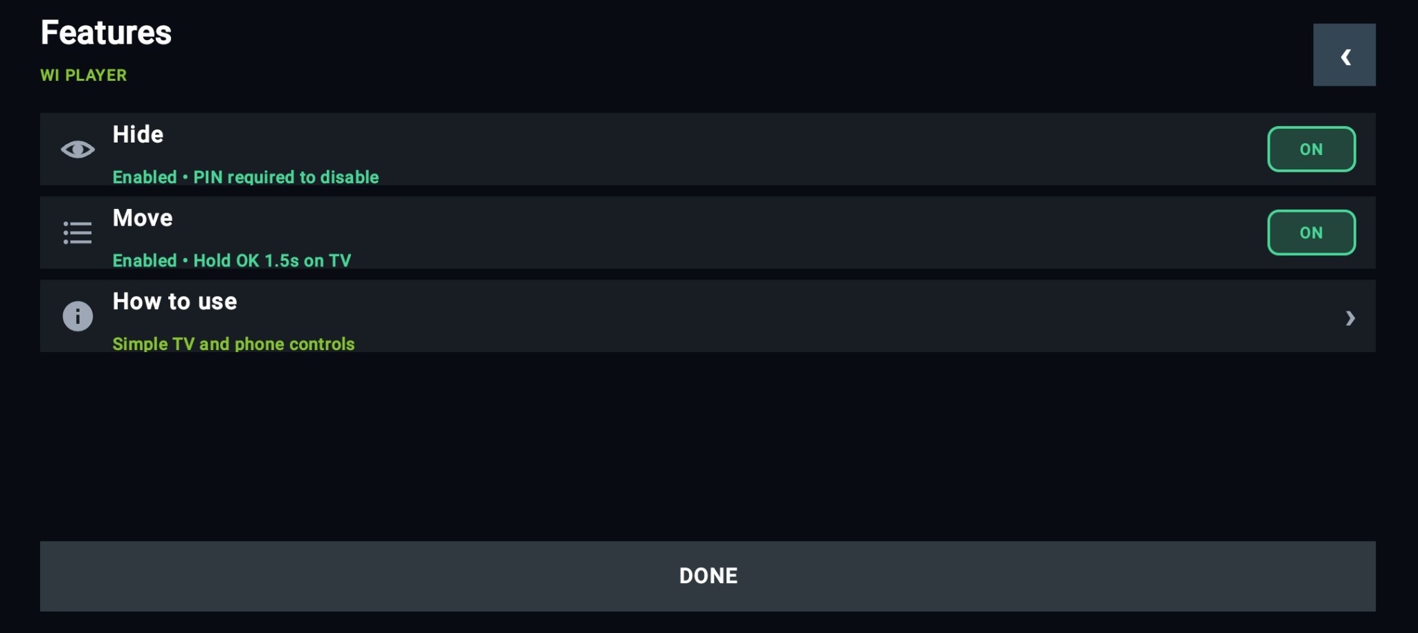 Wi Player hide and move settings